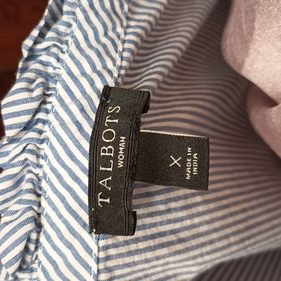 M2 Blue Pinstriped Navy Teal Cutout Embroidered Lace Sleeve Ruffle Neck Top 0X - Picture 3 of 6